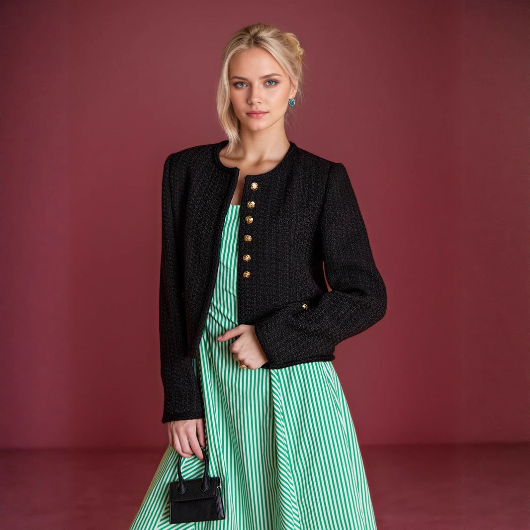 Women's Round Neck Long Sleeve Classic Style Tweed With Metal Blouses