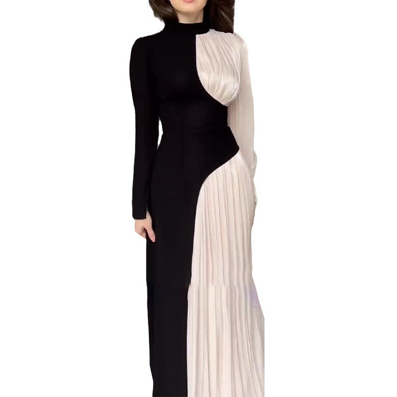 Women's Round Neck Contrast Color Long Sleeve High Waist Dresses
