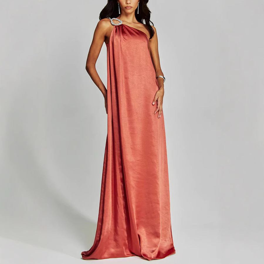Satin Slant Shoulder Long Dress Loose Dresses