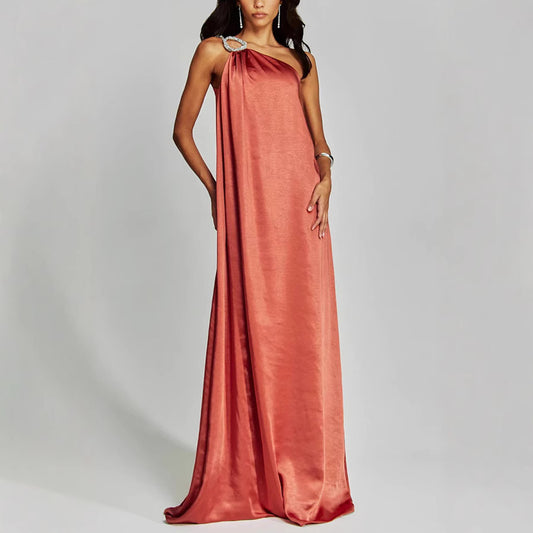 Satin Slant Shoulder Long Dress Loose Dresses