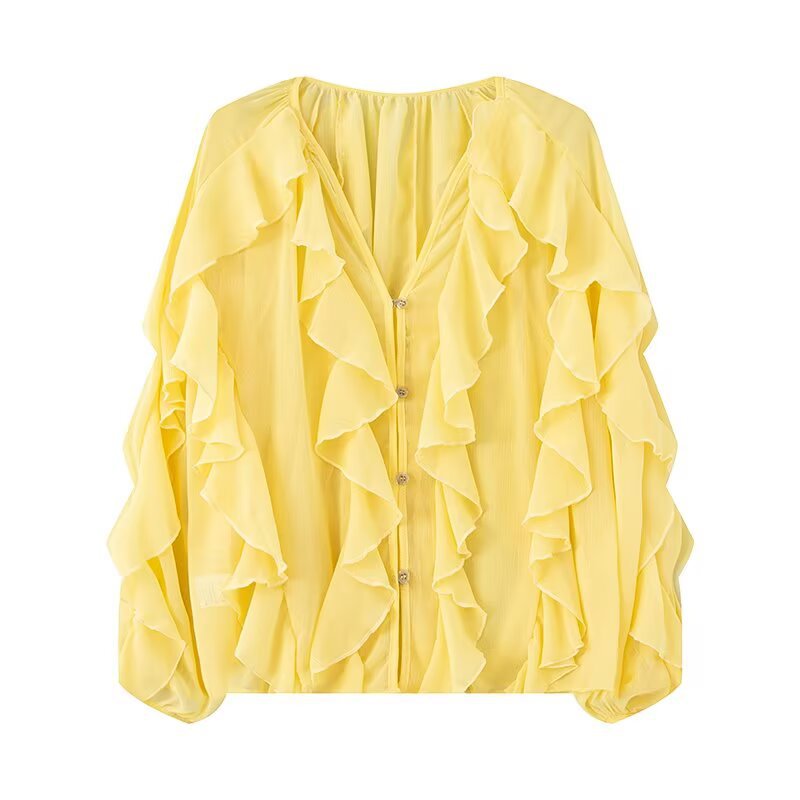 Women's Summer Fashion Laminated Ruffled Pleated Shirt Blouses