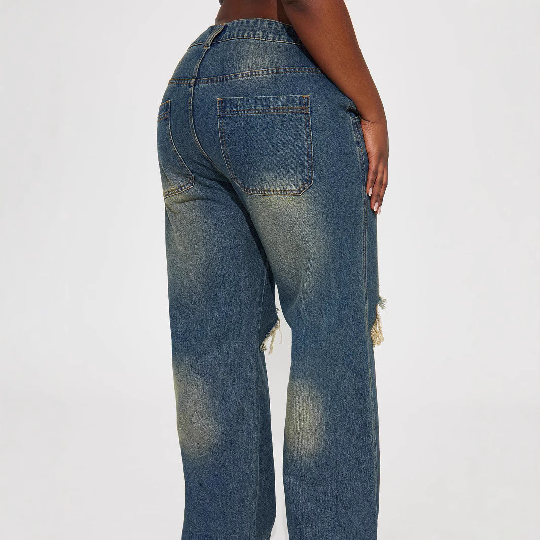 Women's Ripped Model Retro Street Worn Washed Pants