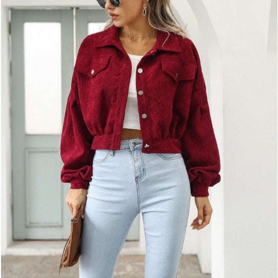 Women's Casual Polo Collar Corduroy Lantern Sleeve Jackets