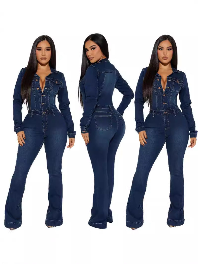 Collar Single-breasted Slim Fit Long Sleeves Cowboy Jumpsuits