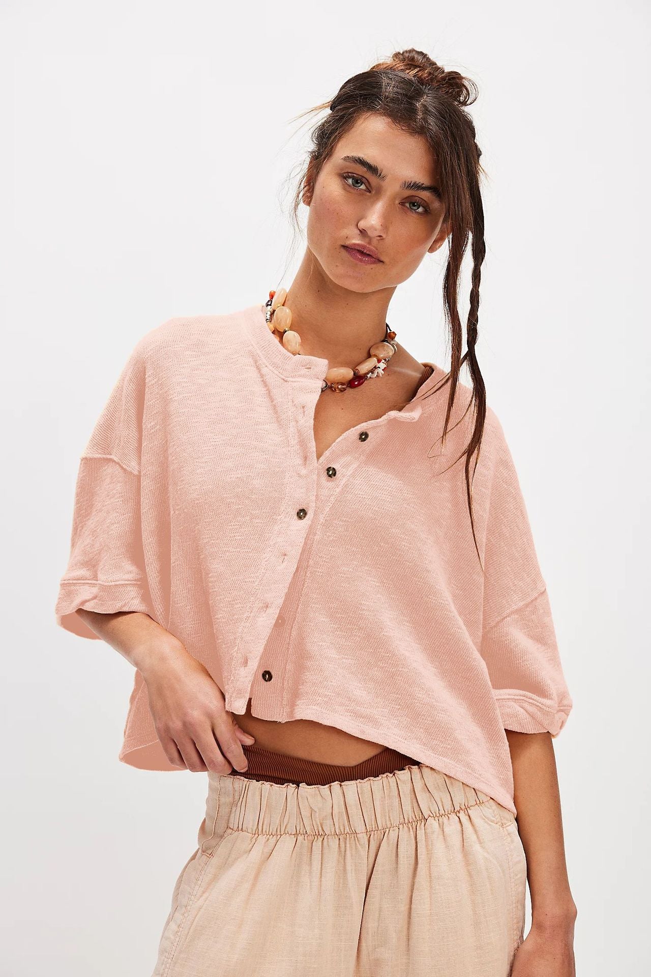 Women's Casual Linen Button Half Sleeve Solid Blouses