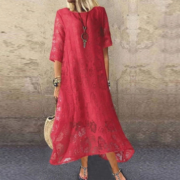 Round Neck Sleeve Lace Long Dress Shorts