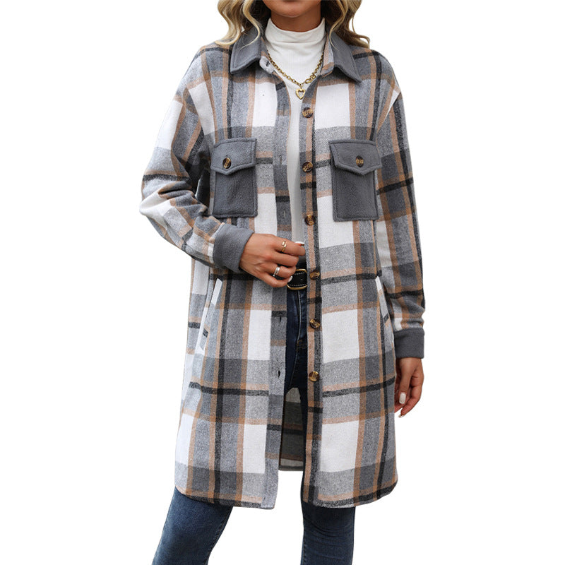 Women's Mid-length Plaid Vintage Brushed Square Splicing Coats