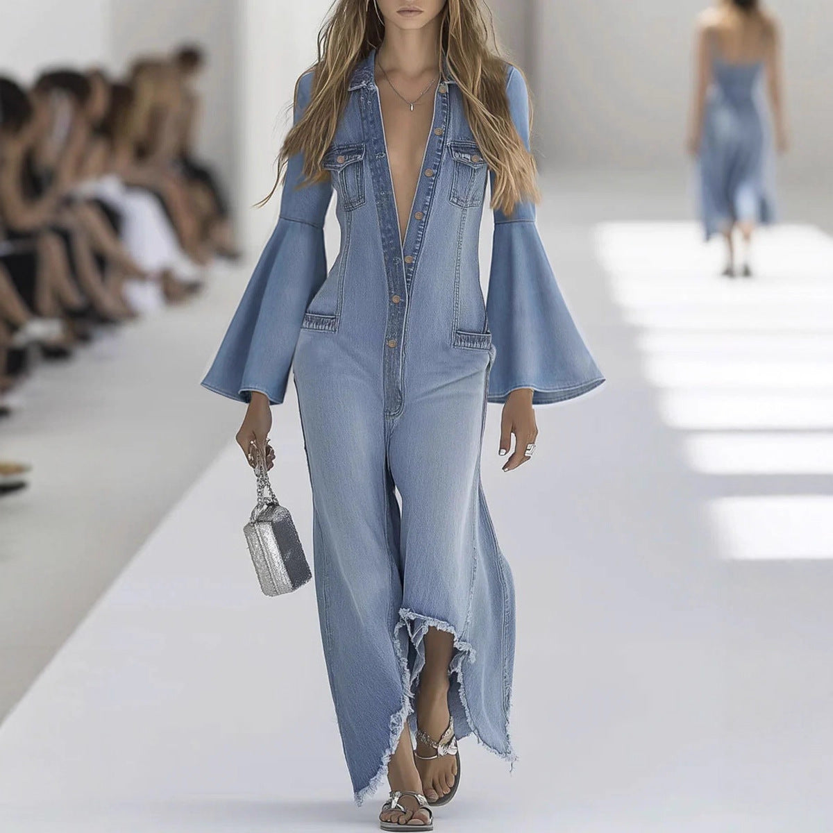 Women's Loose Solid Color Casual Single-breasted Denim Jumpsuits