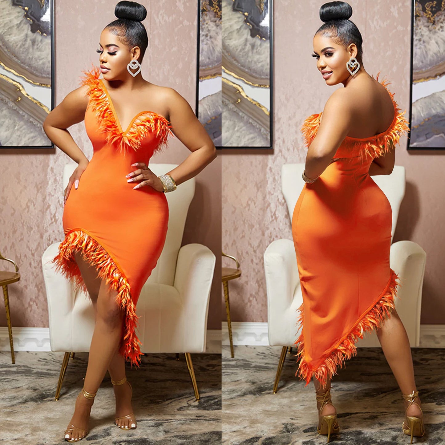 Solid Color Sleeveless Feather Irregular Midi Dresses