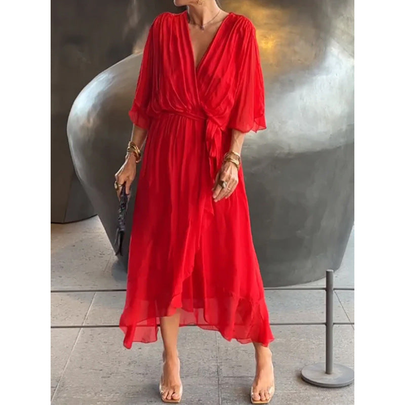 Women's Pure Color Tied Long Dress Batwing Plus Size
