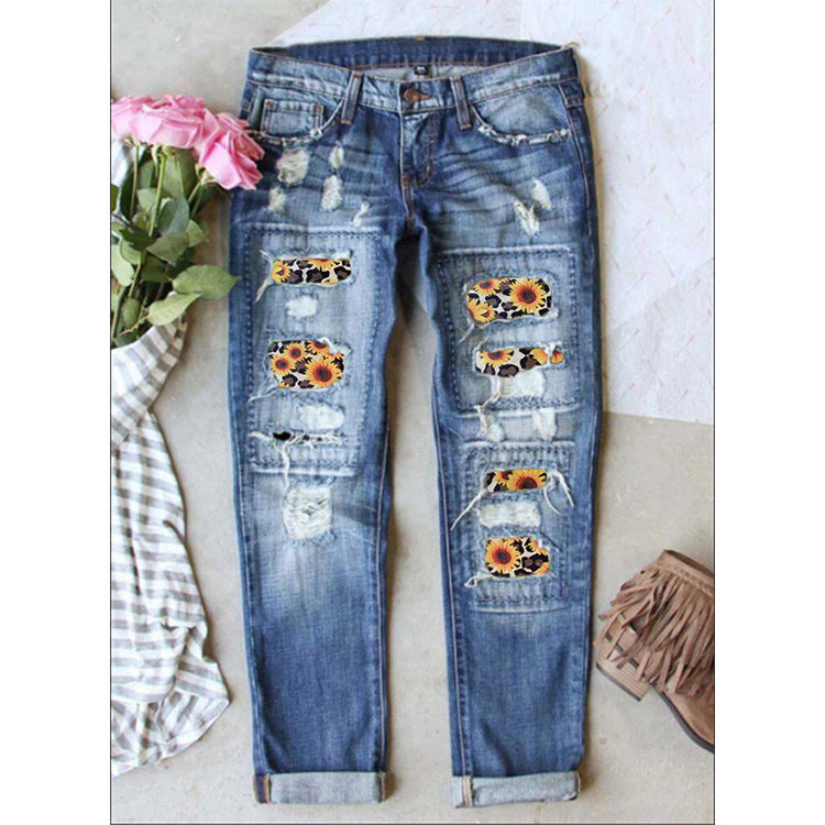 Women's Classic Red Ripped Plaid Trousers Jeans