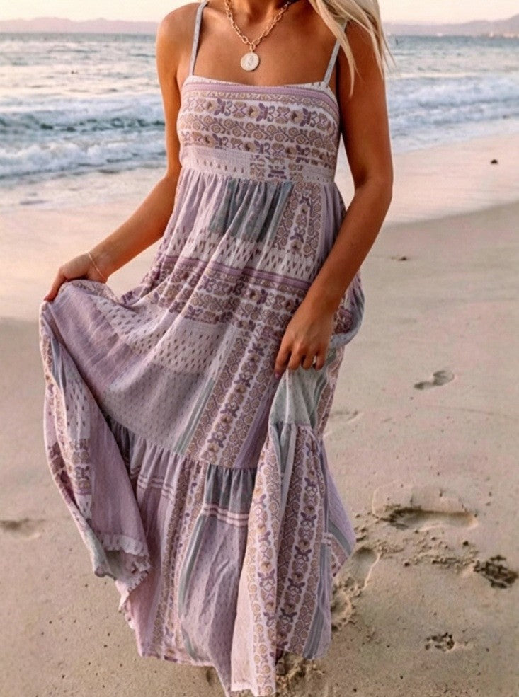 Women's Multicolor Bohemian Printed Square Collar Sling Dress