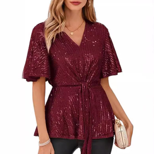 Women's Outline Tie Front Flare Sleeve Glitter Bruce Tops