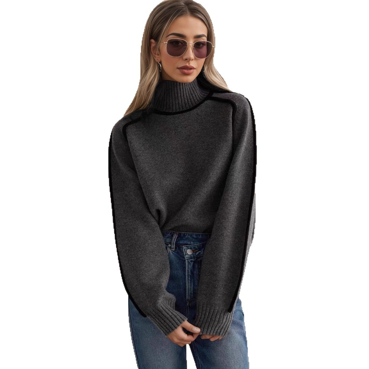 Women's Half Turtleneck With Shoulder Sleeve Elegant Line Thread Sweaters