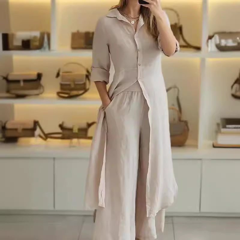 Cotton Linen Tight Waist Long Shirt Suits