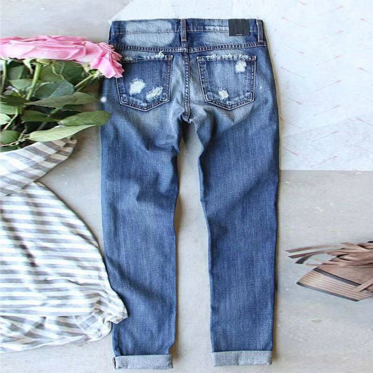 Women's Fashion Holes Printed Mid Waist Straight Jeans