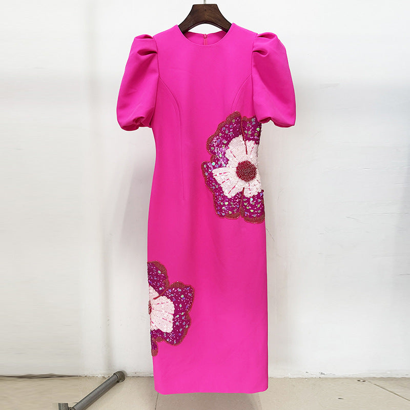 Fashion Bead Sequined Three-dimensional Flower Short-sleeved Dresses