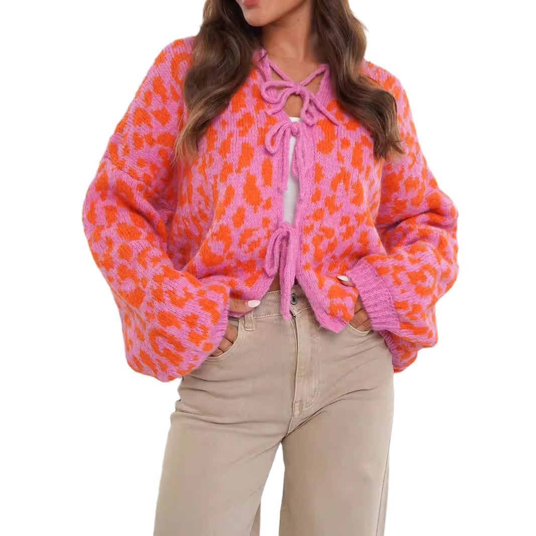 Women's Round Neck Tied Knitted Vintage Leopard Knitwear