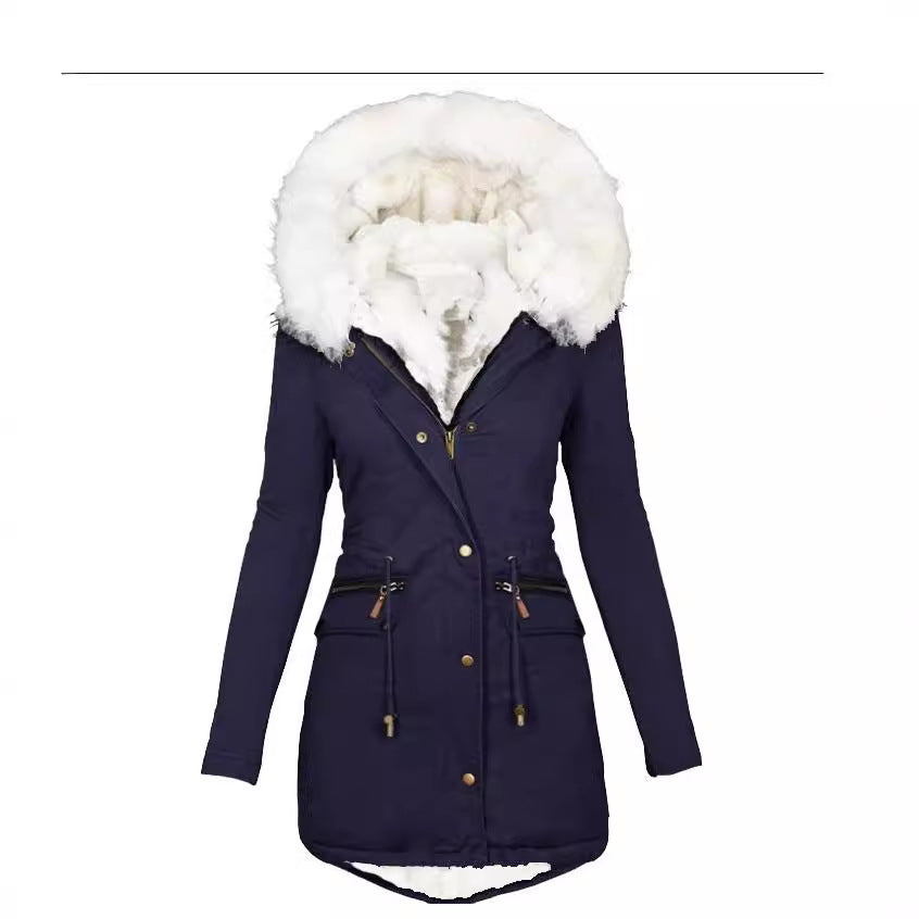 Women's Veet Cinched White Fur Collar Hooded Coats