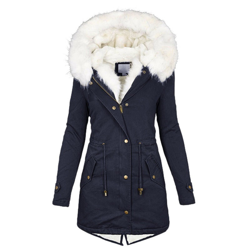 Women's Trench White Fur Collar Hood Warm Coats