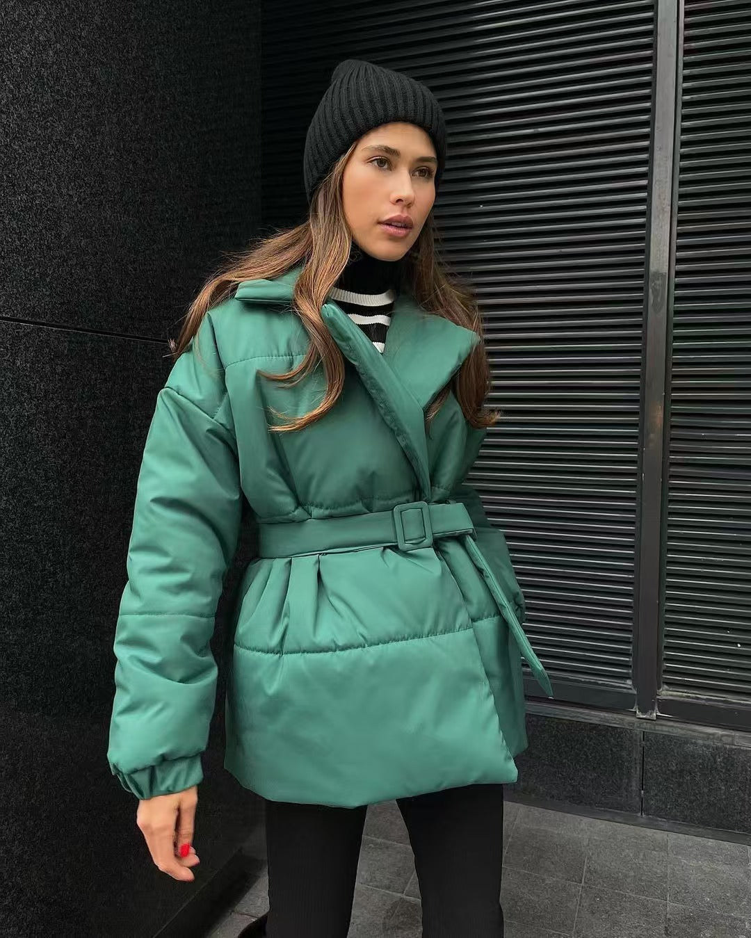 Women's Solid Color Long-sleeved Cotton Thickened Pocket Coats
