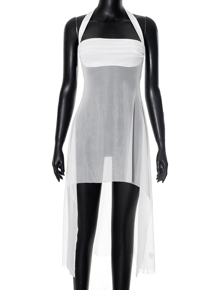 Women's Sleeveless Halter Pleated Bare Back Swallowtail Dresses