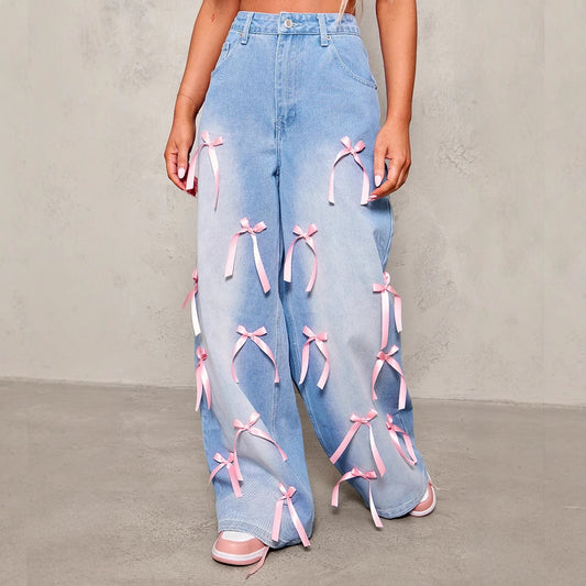 Women's Bow High Waist Wide Leg Street Jeans