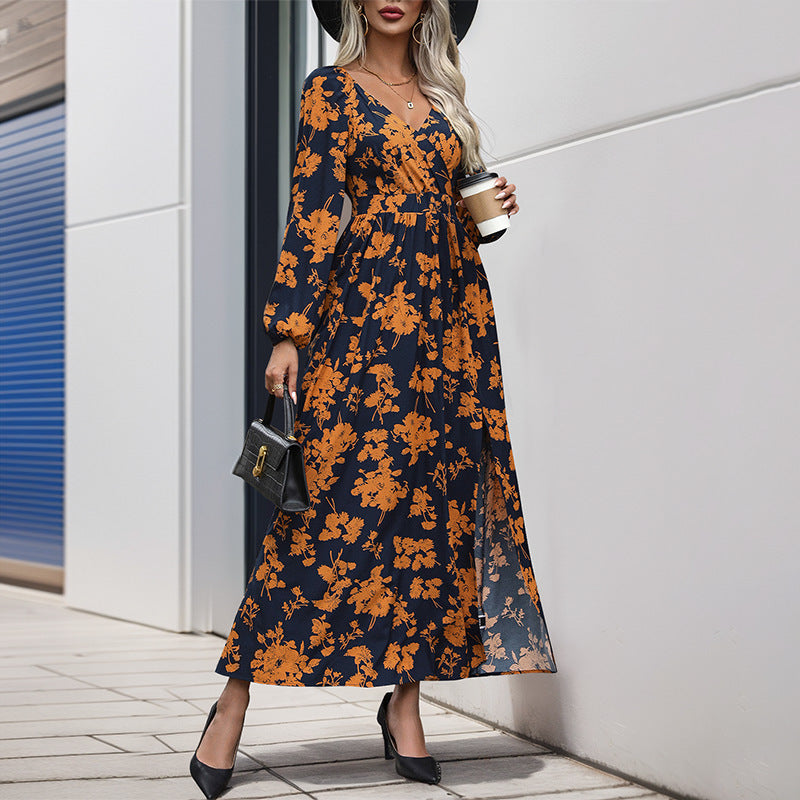 Attractive Long Dress Autumn Sleeve Printed Dresses