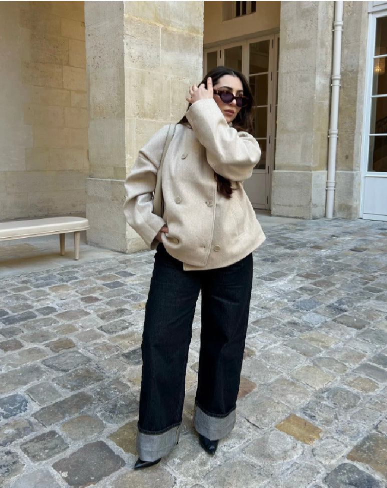 Women's Graceful Stand Collar Double Breasted Long Sleeve Solid Coats