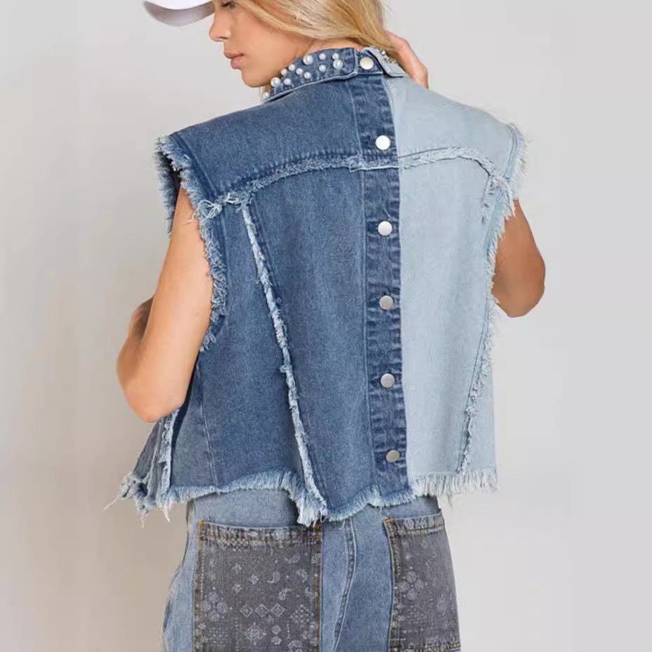 Women's Creative Denim Splicing Beads Loose Vests