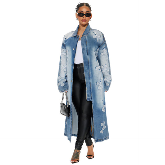 Women's Denim Street Fashion Cross Embroidered Long Jackets