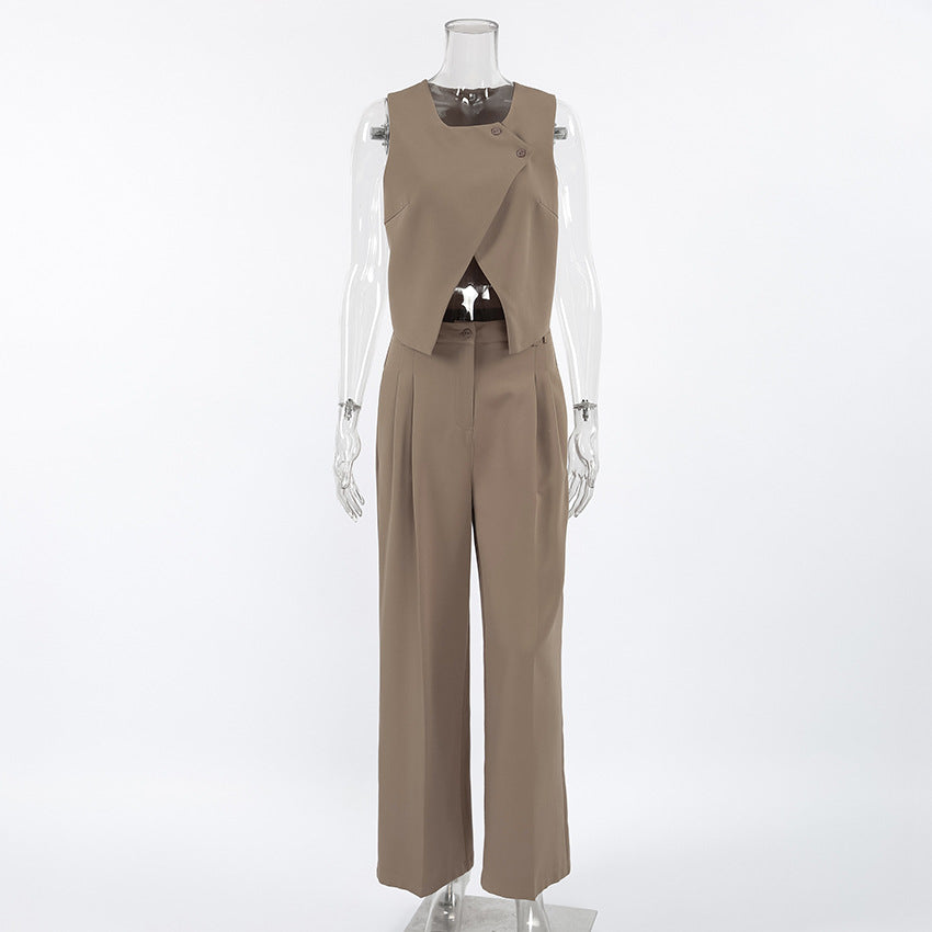 Women's Casual Khaki Fashion Elegant Sleeveless Trousers Suits