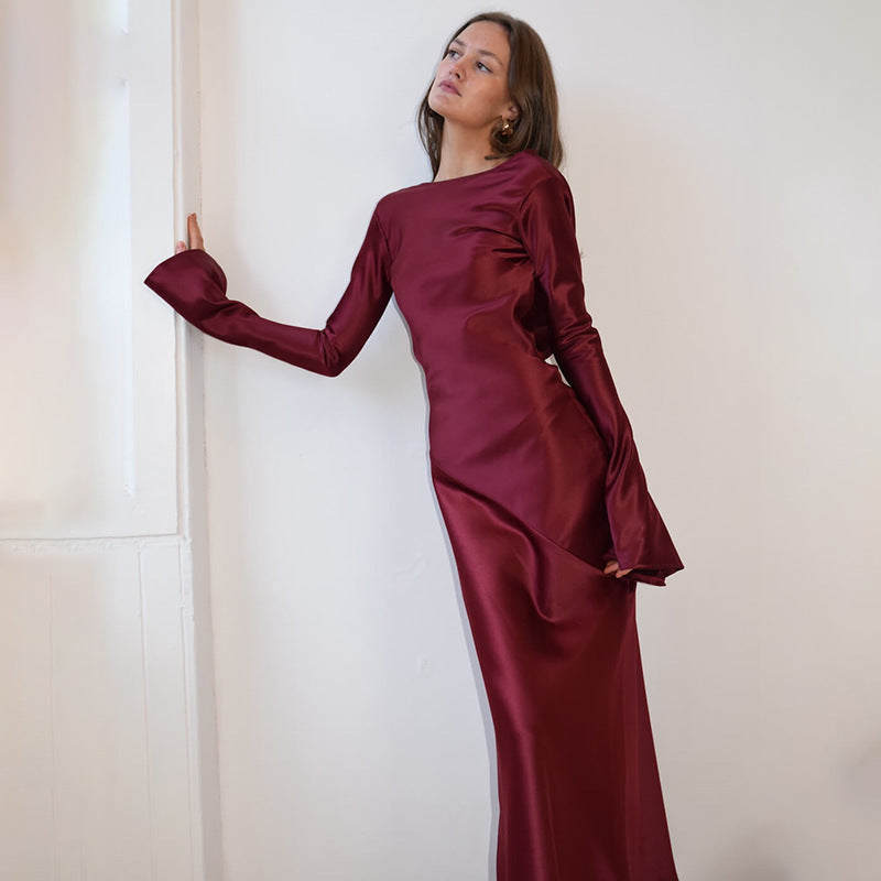 Backless Satin High Slit Flared Sleeves Dresses