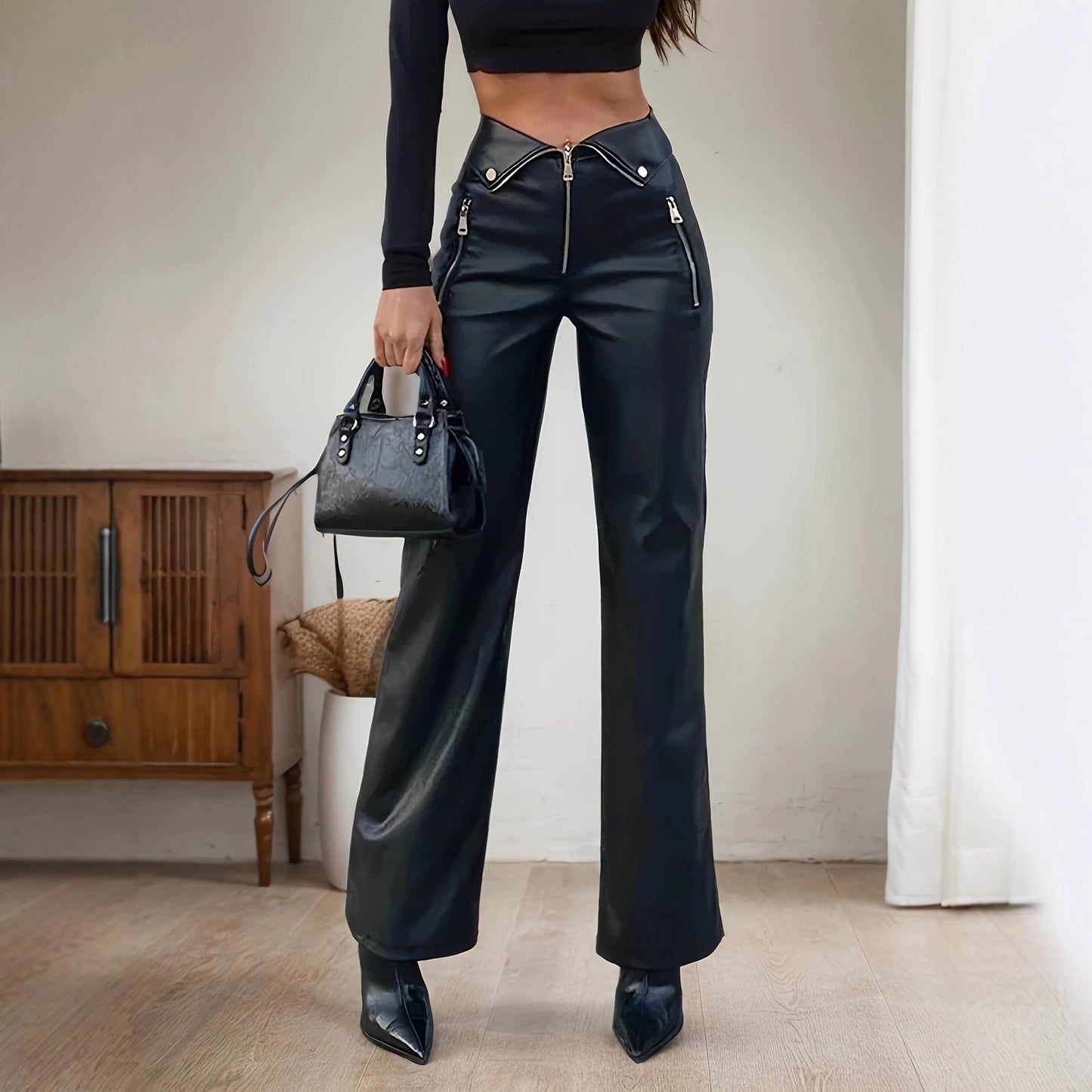 Women's Waist Style Leather Nightclub Metal Zipper Pants