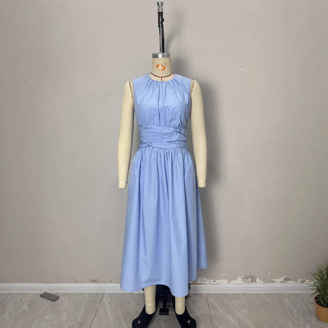 Women's Blues Round Neck Pleated Pocket Versatile Dresses