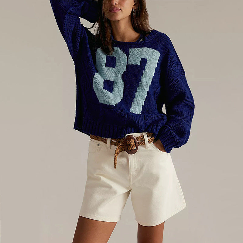 Women's Digital Contrast Color Knitted Pullover Loose-fitting Sweaters