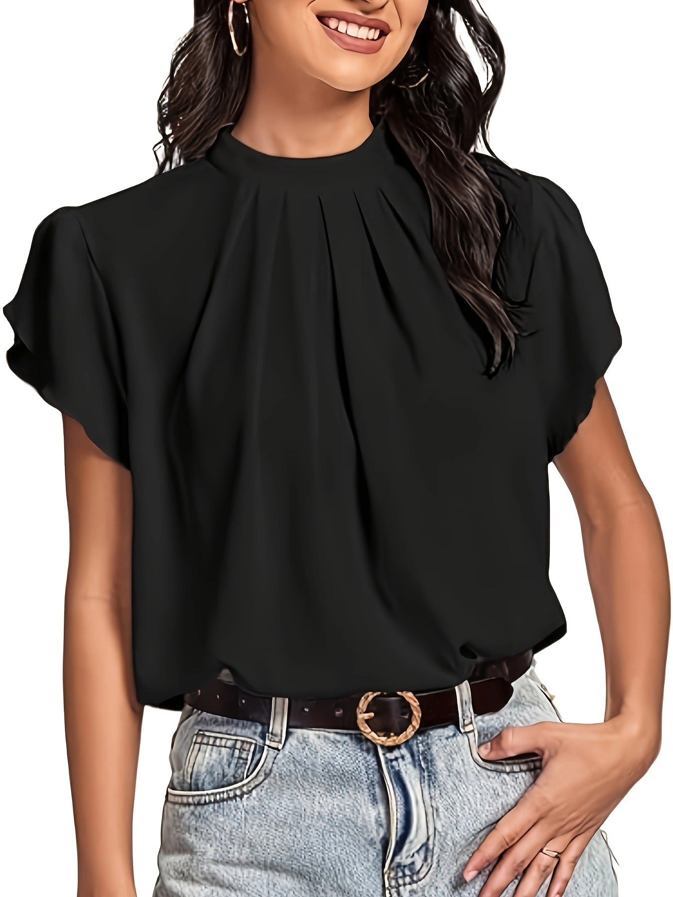 Women's Pleated Wrap Sleeve Arc Lock Hole Blouses