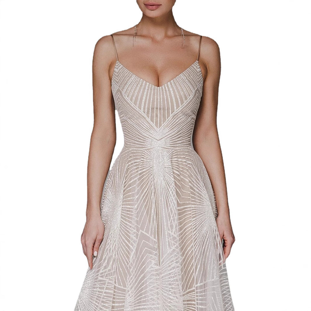 Women's Long Dress Sexy Strap Embroidered Sleeveless Wedding Dresses