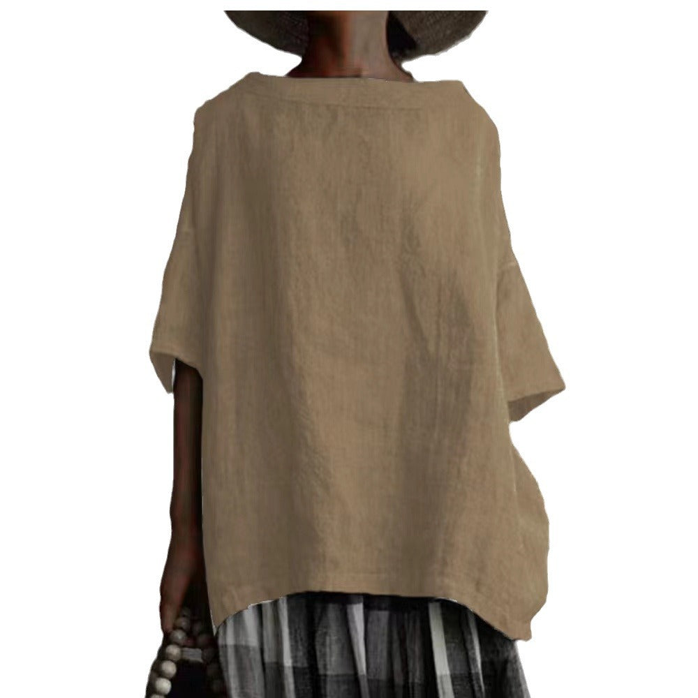 Women's Neck Cotton Linen Style Solid Color Blouses