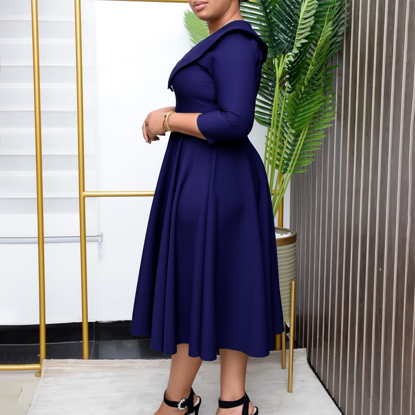 Women's Elegant Lapel Sleeve Slim Fit A- Line Dresses