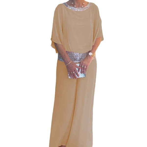 Women's Solid Color Round Neck Sequins Matching Fashion Casual Suit