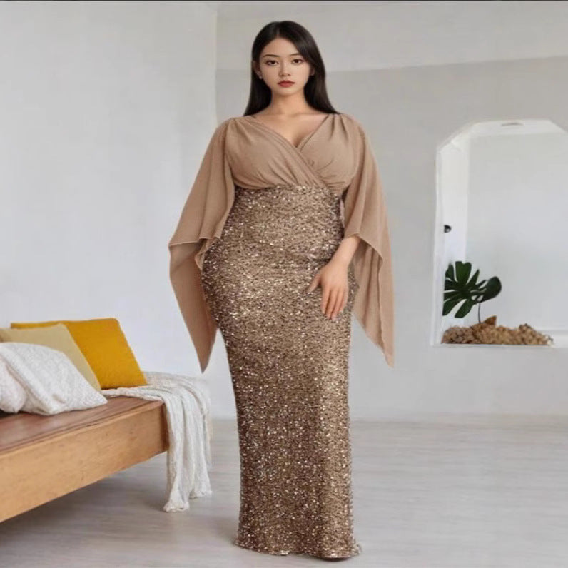 Sequin Stitching Temperament Pure Color Deep Dresses