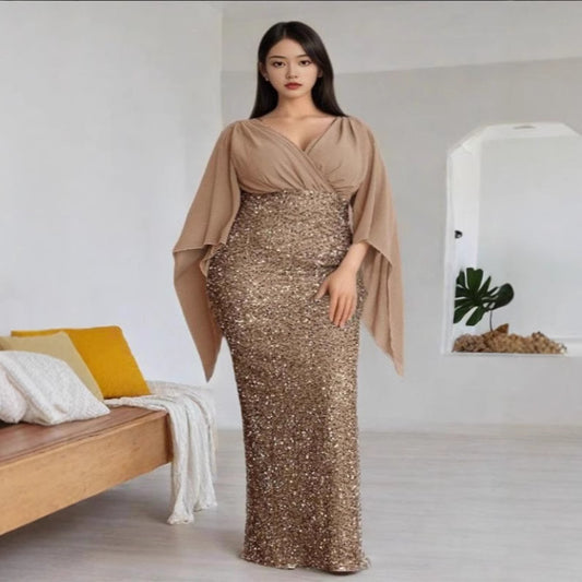 Sequin Stitching Temperament Pure Color Deep Dresses