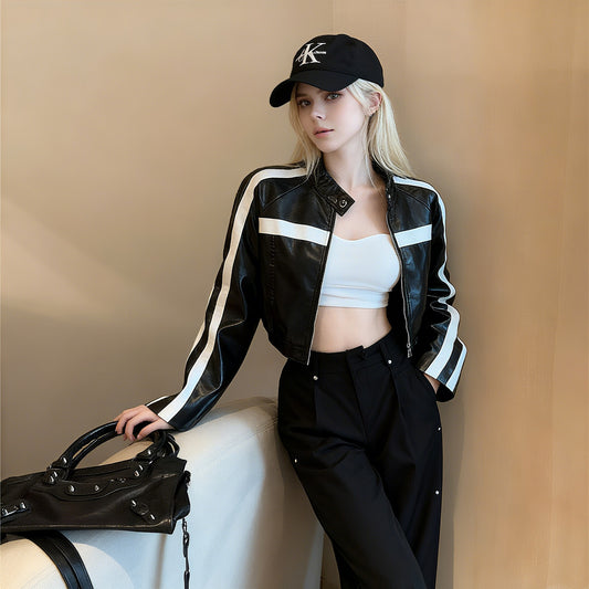 Women's Retro Contrast Color Striped Leather Autumn Jackets