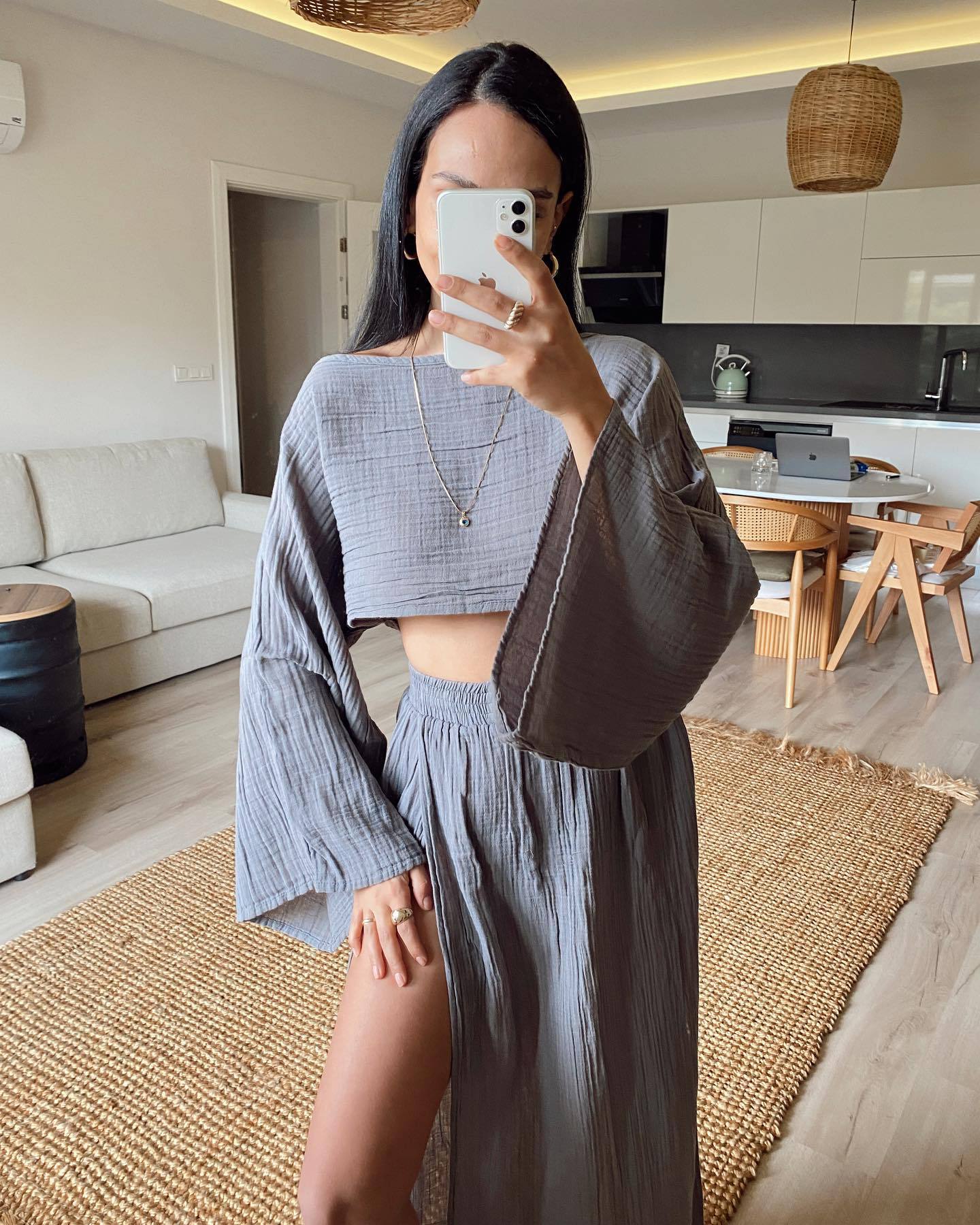 Blend High Waist Chic Slit Cotton Suits