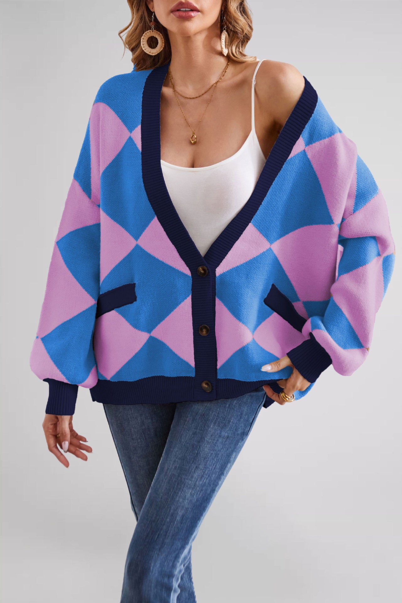 Women's Plaid Stitching Contrast Color Loose Knitted Sweaters