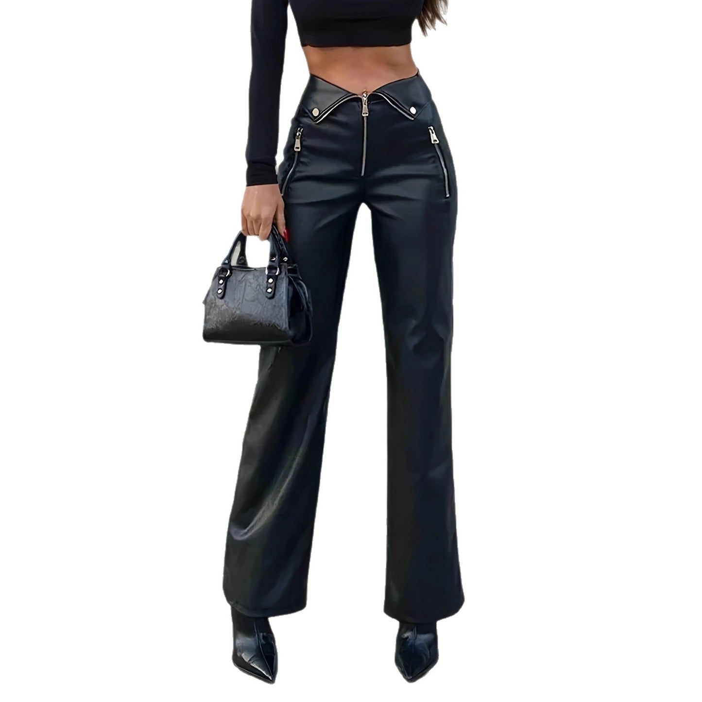 Women's Waist Style Leather Nightclub Metal Zipper Pants