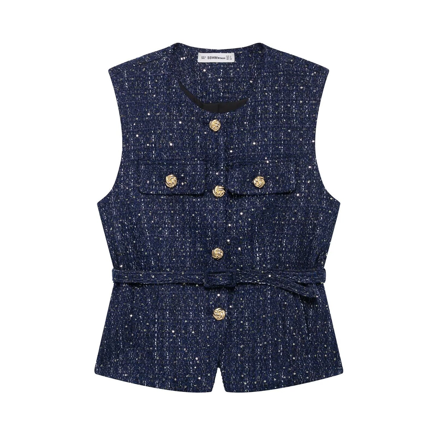 Women's Waistband Sequin Woolen Spring Elegant Metal Button Sleeveless Vests