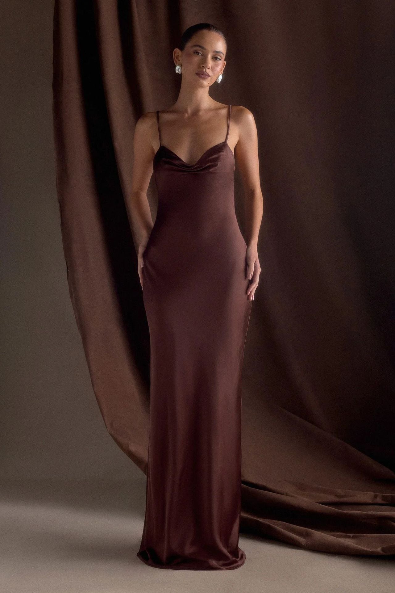 Color Satin Invisible Zipper Pleated Design Draping Sling Dress