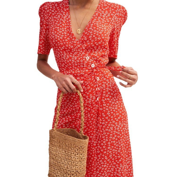 Women's Button Tea Dress Slim Summer French Dresses
